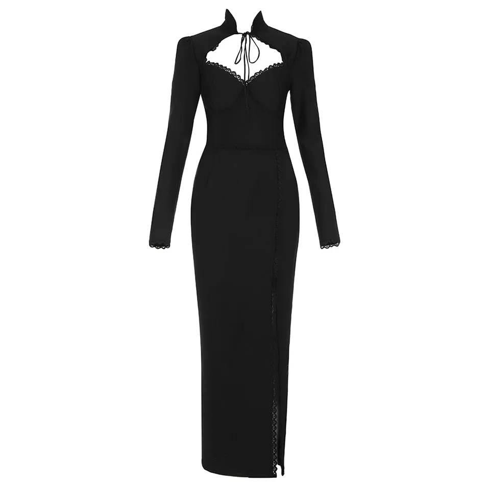 Women Bandage Long Dress Sexy Standing Collar Hollow