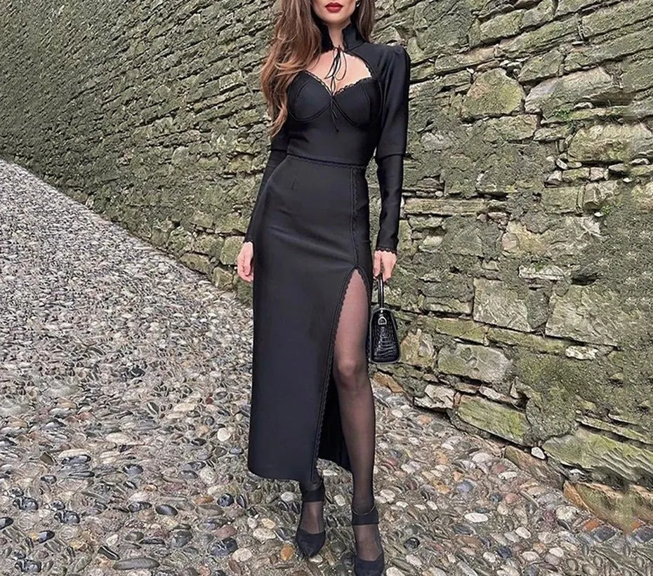 Women Bandage Long Dress Sexy Standing Collar Hollow