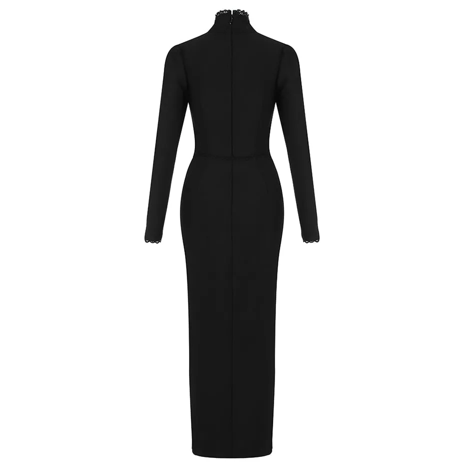 Women Bandage Long Dress Sexy Standing Collar Hollow