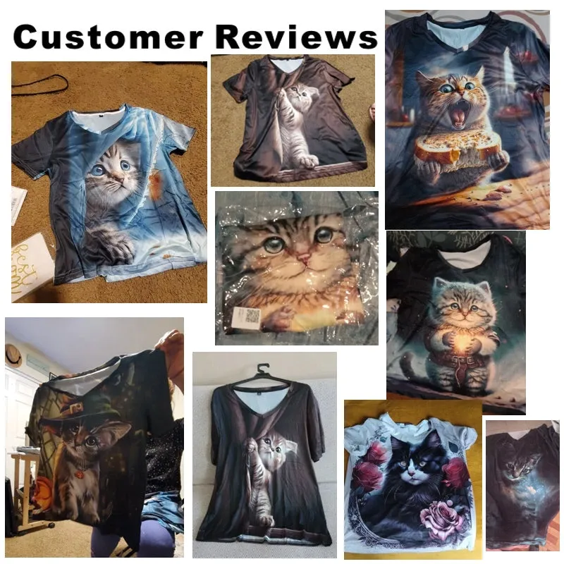 Women V-neck Tops Printed Cat T-shirt