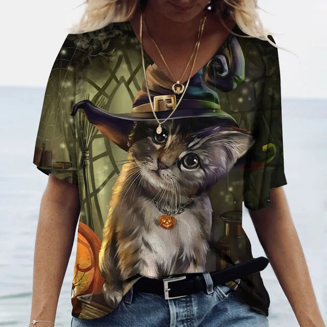 Women V-neck Tops Printed Cat T-shirt