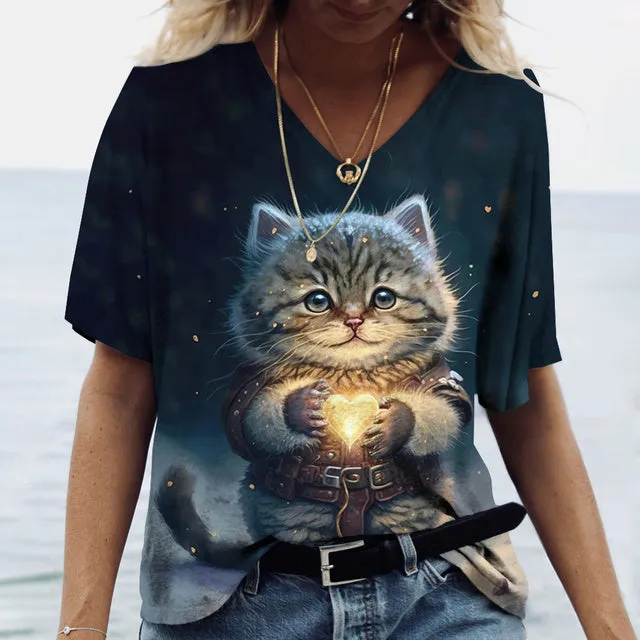 Women V-neck Tops Printed Cat T-shirt