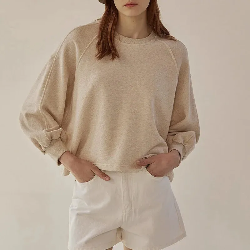 Women's Autumn & Winter 100% Cotton Sweatshirt – Loose Fit Short Lantern Sleeve Spliced French Casual Pullover Top