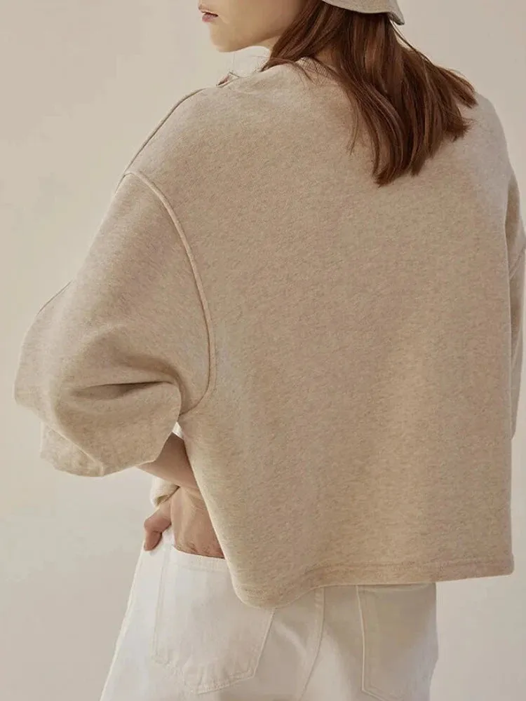 Women's Autumn & Winter 100% Cotton Sweatshirt – Loose Fit Short Lantern Sleeve Spliced French Casual Pullover Top