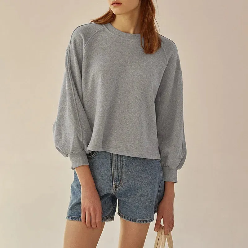 Women's Autumn & Winter 100% Cotton Sweatshirt – Loose Fit Short Lantern Sleeve Spliced French Casual Pullover Top