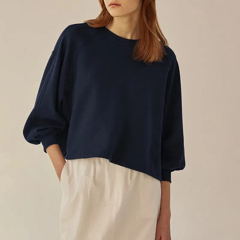Women's Autumn & Winter 100% Cotton Sweatshirt – Loose Fit Short Lantern Sleeve Spliced French Casual Pullover Top