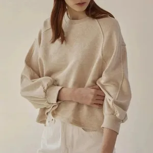 Women's Autumn & Winter 100% Cotton Sweatshirt – Loose Fit Short Lantern Sleeve Spliced French Casual Pullover Top