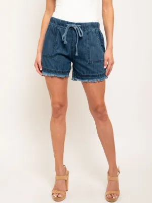 WOMEN'S DENIM DRAWSTRING TASSEL DETAIL SHORTS