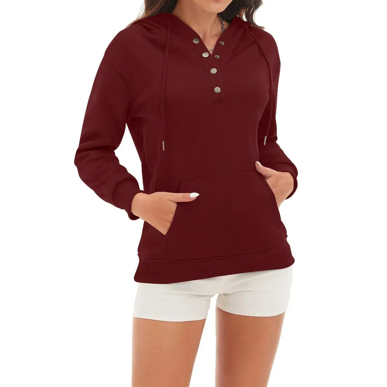 Women's Fashion-forward Hooded Top Button Drawstring Pocket Padded Long Sleeve Casual Sweatshirt Minimalist High-Quality