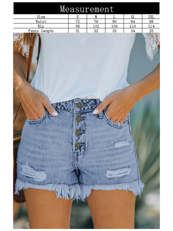 Women's Mid Waist Buttoned Jeans Washed Ripped Denim Shorts