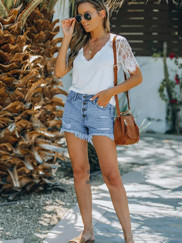 Women's Mid Waist Buttoned Jeans Washed Ripped Denim Shorts