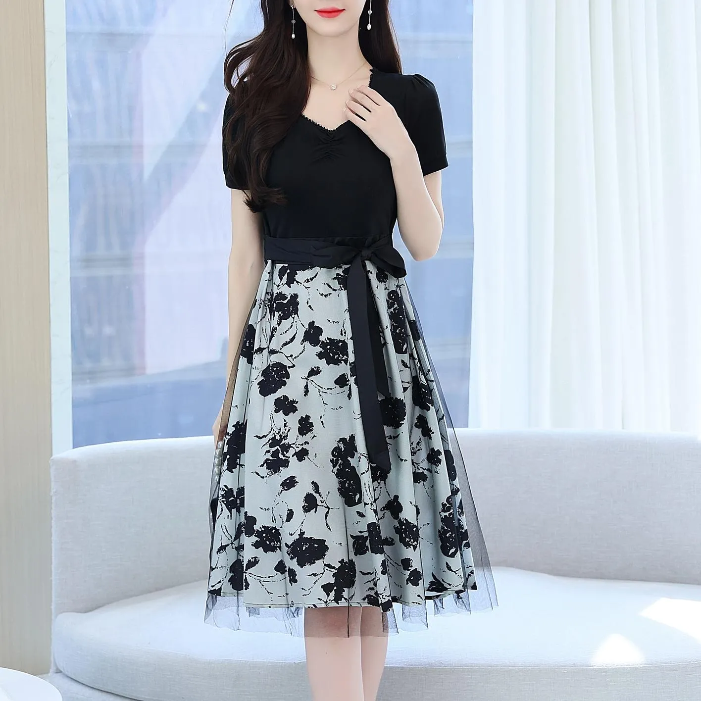 Women's Tie Front Faux Two-Piece T-Shirt Dress for a Flattering Look