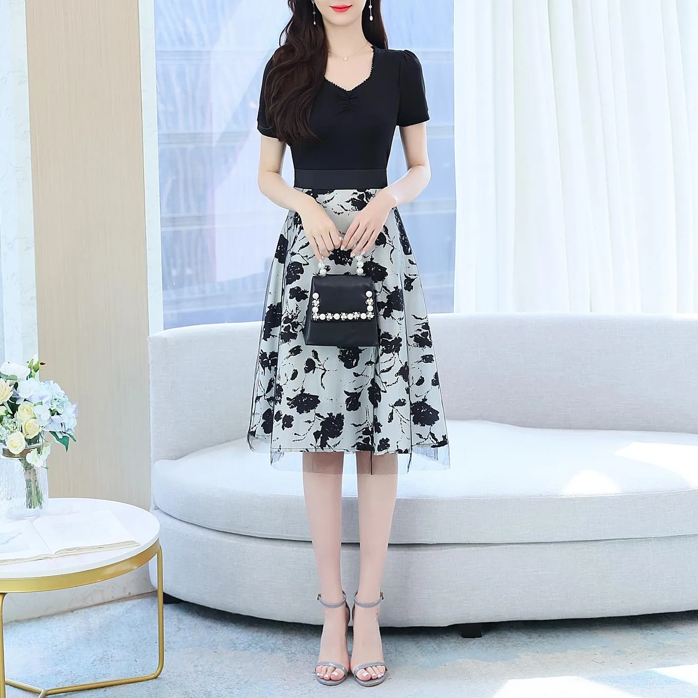 Women's Tie Front Faux Two-Piece T-Shirt Dress for a Flattering Look