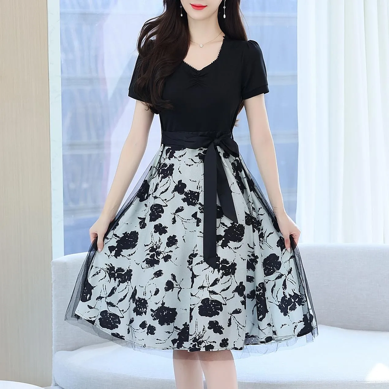 Women's Tie Front Faux Two-Piece T-Shirt Dress for a Flattering Look