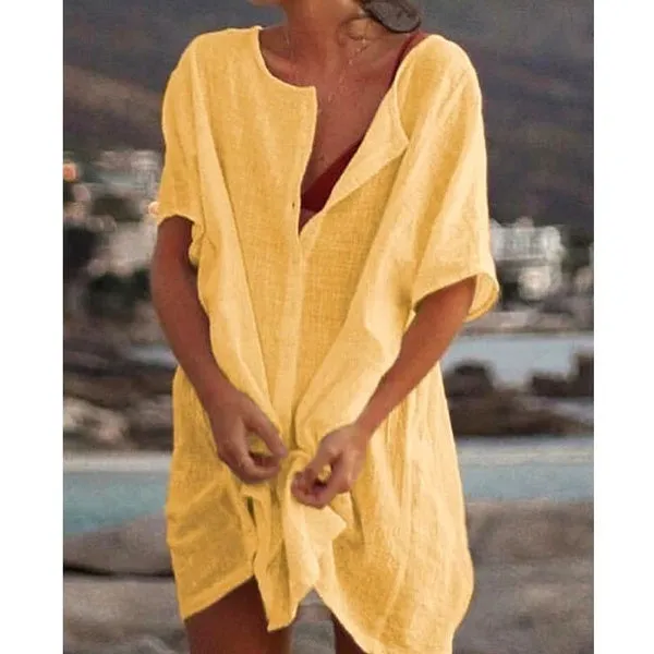 Xs-8Xl Summer Plus Size Ladies Solid Color Swimsuit Cover-Up Beach Wear Mini Dress