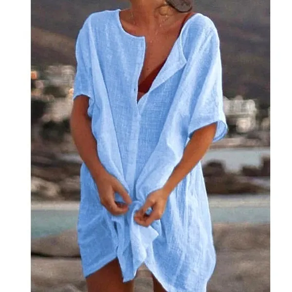 Xs-8Xl Summer Plus Size Ladies Solid Color Swimsuit Cover-Up Beach Wear Mini Dress