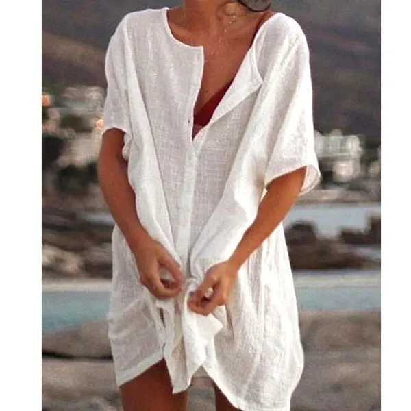Xs-8Xl Summer Plus Size Ladies Solid Color Swimsuit Cover-Up Beach Wear Mini Dress