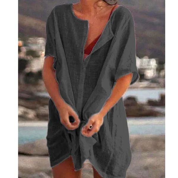 Xs-8Xl Summer Plus Size Ladies Solid Color Swimsuit Cover-Up Beach Wear Mini Dress
