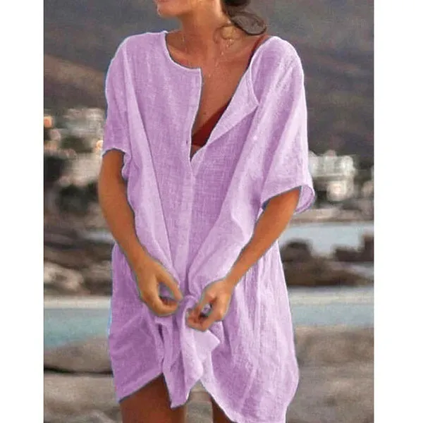 Xs-8Xl Summer Plus Size Ladies Solid Color Swimsuit Cover-Up Beach Wear Mini Dress
