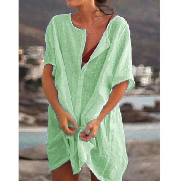 Xs-8Xl Summer Plus Size Ladies Solid Color Swimsuit Cover-Up Beach Wear Mini Dress