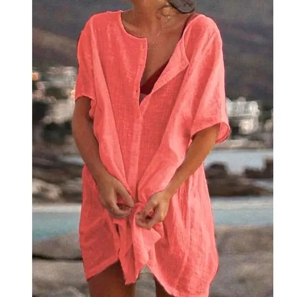 Xs-8Xl Summer Plus Size Ladies Solid Color Swimsuit Cover-Up Beach Wear Mini Dress