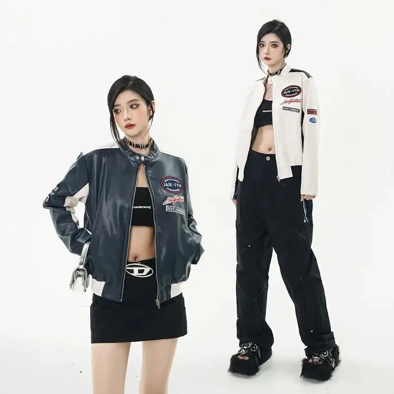 Y2K Faux Leather Varsity Jacket for Trendy Streetwear Style