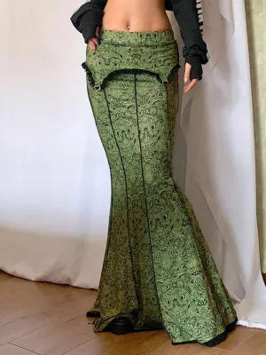 Y2K Vintage Fashion Green Long Mermaid Skirt Graphic Print Lace Trim Mid-High Waist Skirt 2000s Aesthetic