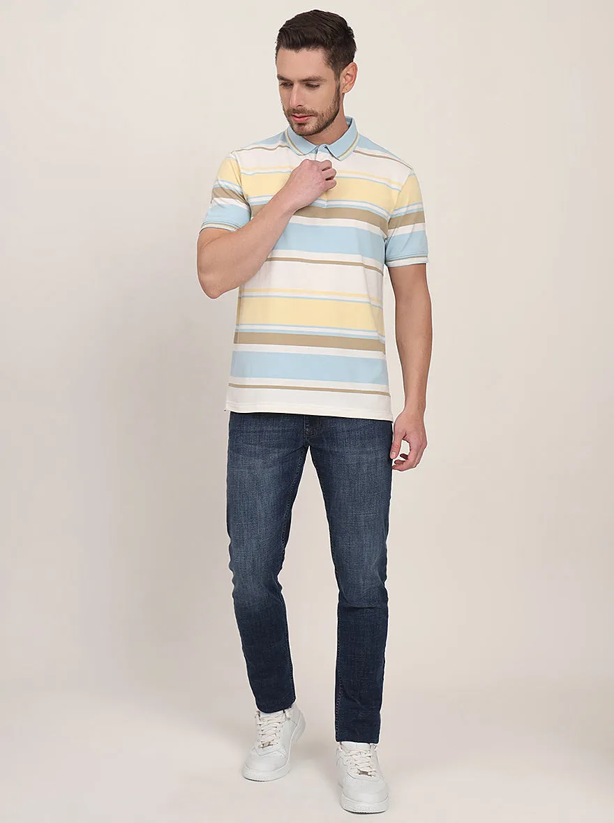 Yellow & Blue Striped Slim Fit Polo T-Shirt | JadeBlue