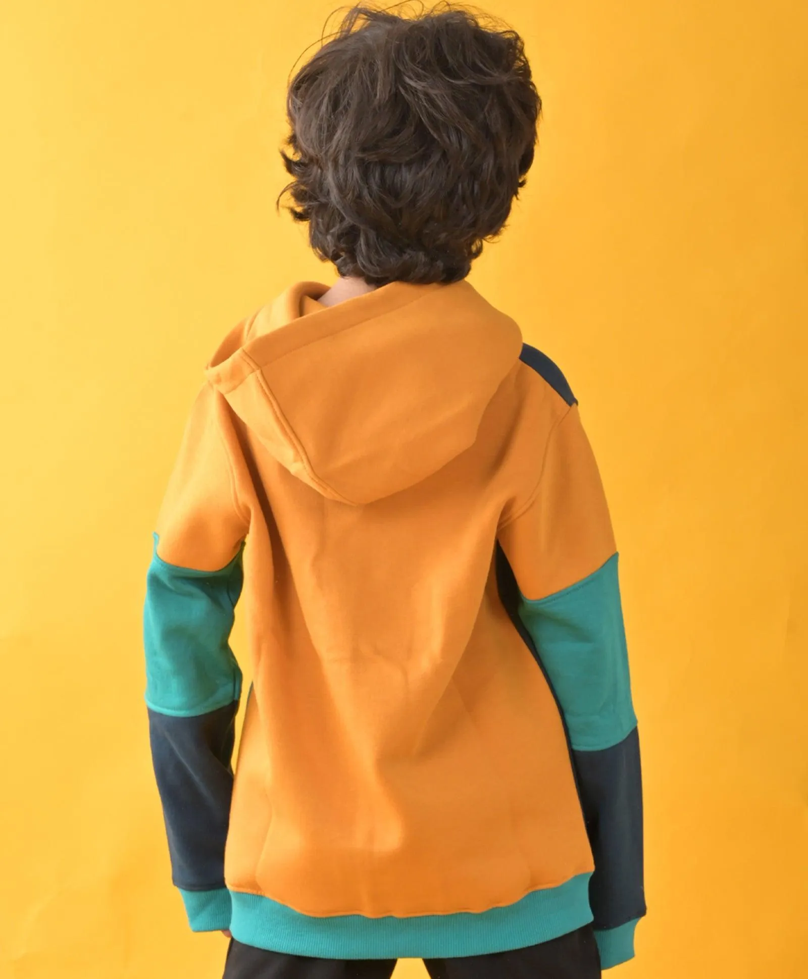 YELLOW, GREEN, BLUE COLOR BLOCK FLEECE HOODIE - YELLOW
