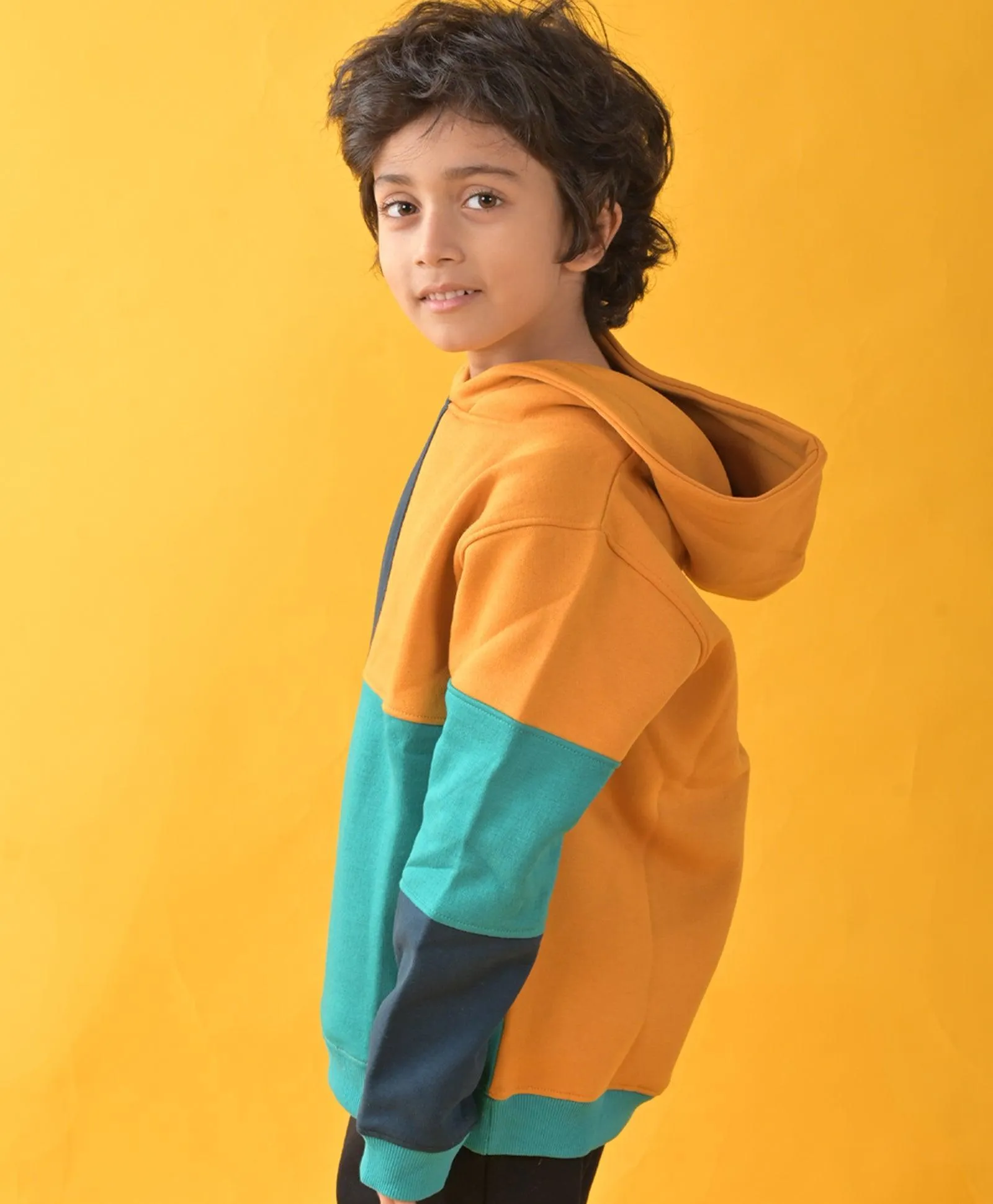 YELLOW, GREEN, BLUE COLOR BLOCK FLEECE HOODIE - YELLOW